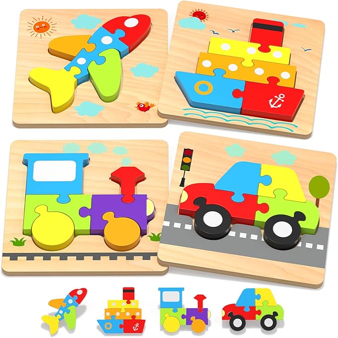 Yetonamr Wooden Toddler Puzzles Gifts Toys for 1 2 3 Years Old Boys Girls, 4 Vehicle Shape Montessori Toy Educational Blocks Kids Toys Gift Baby Learning Toy Age 1-3, 2-4