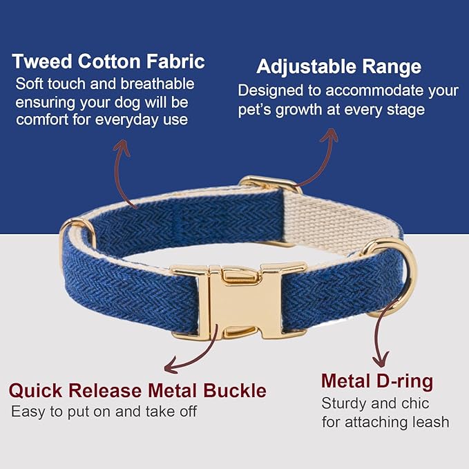 Soft Cotton Hemp Dog Collar with Metal Buckle Adjustable Tweed Dog Collars for Small Medium Large Dogs(Royal Blue,Medium)