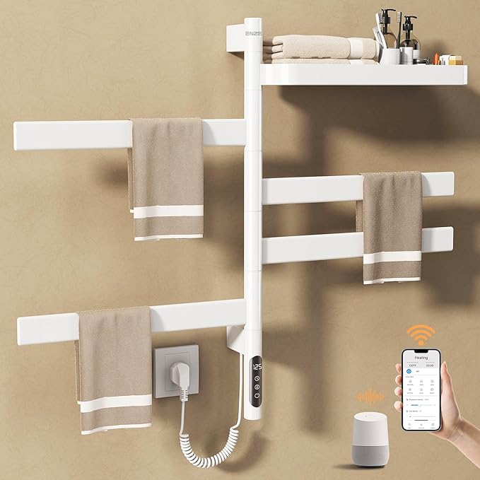 ENZE Smart Rotating Heated Towel Rack for Bathroom, Wall-Mounted Electric Towel Dryer with Swivel Bars & Shelf, Smart Timer, Low Carbon Steel, Plug-in/Hardwired, Towel Warmer with Wi-Fi App Control