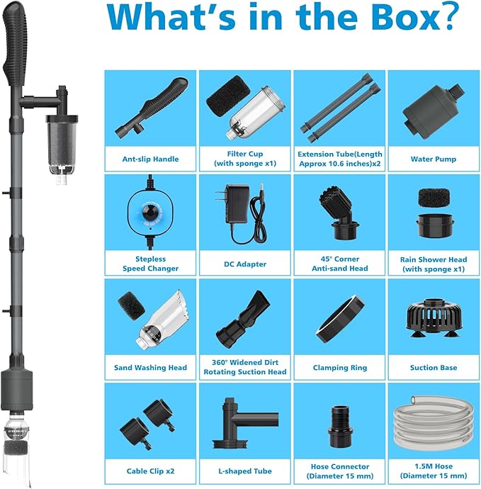 fishkeeper Electric Aquarium Vacuum Gravel Cleaner, 25W 6 in 1 Multifunction Fish Tank Cleaner Kit Gravel Vacuum for Fish Tank Adjustable Flow for Automatic Wash Sand & Water Changer