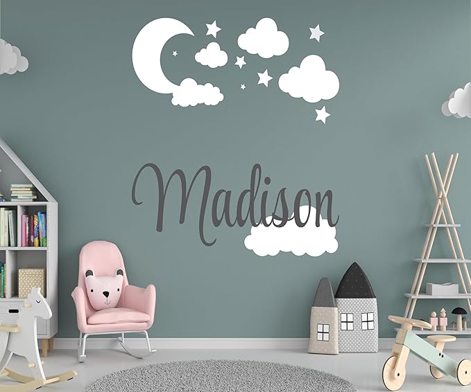 Custom Name with Moon Clouds and Stars - Nursery Baby Name Wall Art - Wall Decal for Nursery Bedroom playroom Decoration (Wide 20x20inch Height)