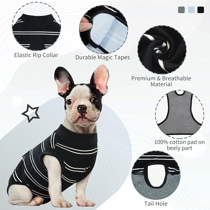 Kuoser Dog Surgery Recovery Suit for Female Male Dogs, Stripes Spay Neuter Anti-Licking Dog Onesie, Surgical Suit Snugly Pet Post Surgery Vest Bodysuit for Abdominal Wounds Skin Disease, Black 2XL