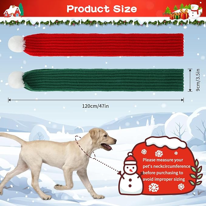 BWOGUE 2-Piece Knitted Dog Christmas Scarf & Bandana with White Pom Pom for Medium/Large Dogs - Winter Warm Holiday Pet Costume Accessory (Red, Green)