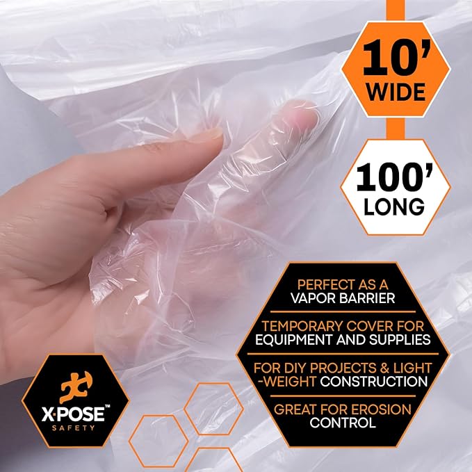 Xpose Safety Clear Plastic Sheeting 5 Pack – 10' x 100' Rolls – Heavy Duty 3.4 Mil Poly Sheet – Waterproof, Dustproof, Vapor Barrier – for Construction, Painting, Industrial Use