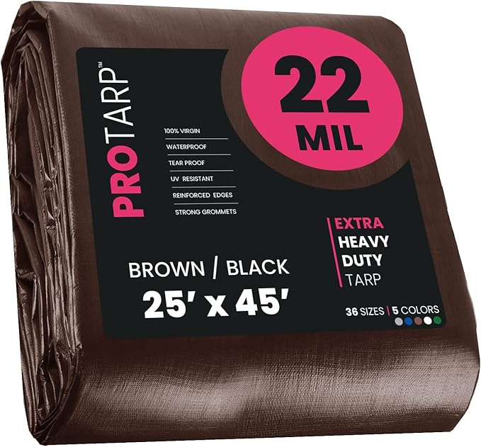 PROTARP Extreme Heavy Duty 22 Mil Tarp Cover, Waterproof, UV Resistant, Rip and Tear Proof, Poly Tarpaulin with Reinforced Edges for Roof, Camping, Patio, Pool, Boat. (Brown/Black 25′ X 45′)