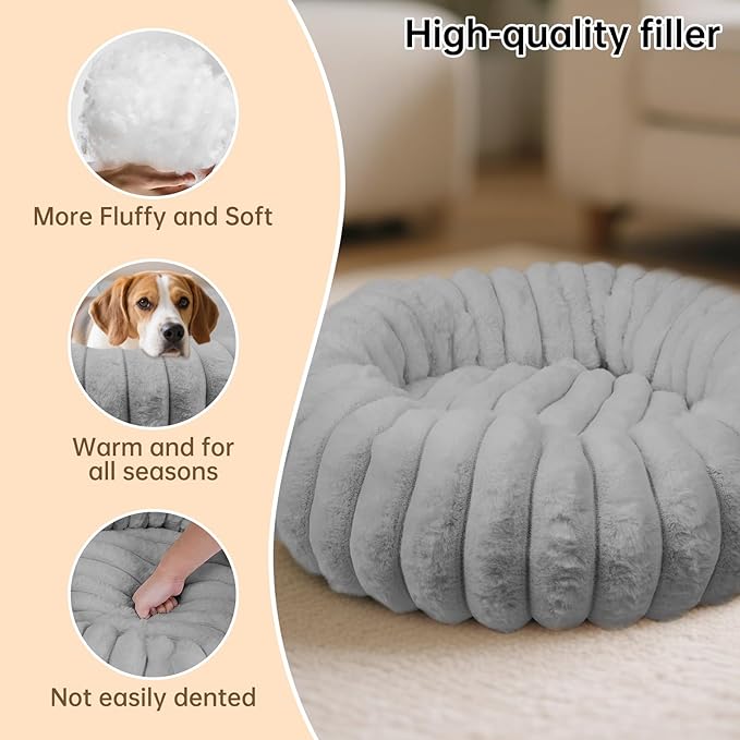 Donut Dog and Cat Bed, Luxurious Comfortable Faux Rabbit Fur Pet Beds, Soft Anti-Anxiety Calming Puppy Kitten Bed with Anti-Slip Bottom for Small Medium Dogs & Cats(20", Grey)