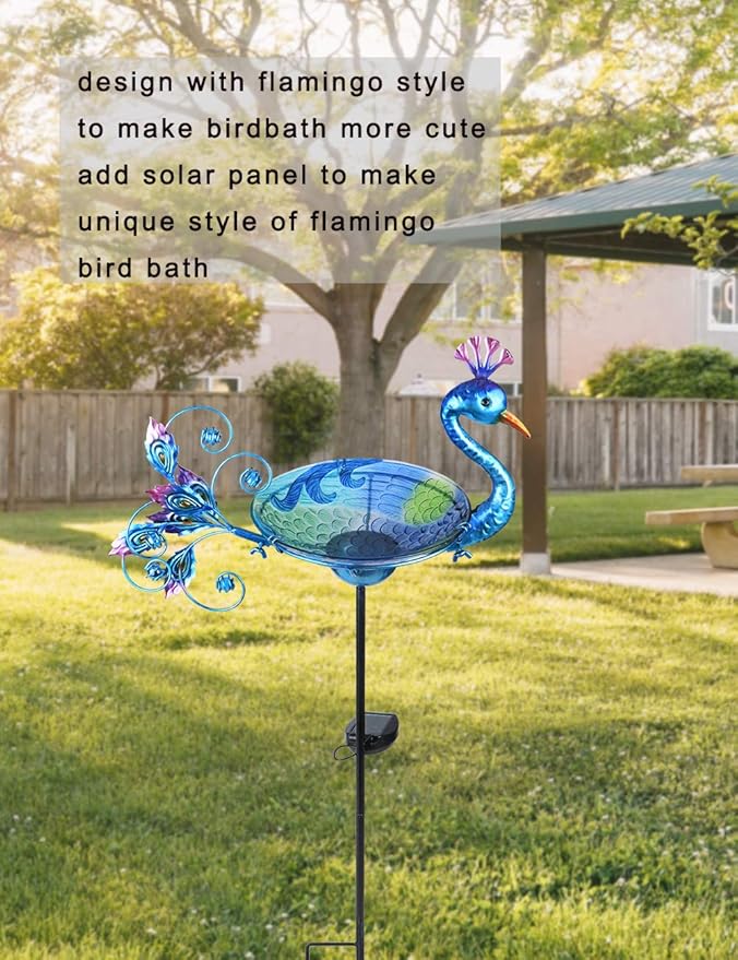 MUMTOP Outdoor Bird Bath Solar Birdbath Small Birdfeeder with Peacock Metal Stake for Garden Yard Decor