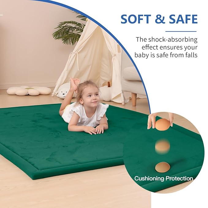 Baby Play Mat for Floor,1.3" Thick Memory foam Tummy Time Mat,Soft Coral Velvet Nursery Rug,Extra Large Non Slip Crawling Mat for Toddlers,Infants,kids,Yoga Mat,Tatami Style for Living Room(Dark Green)