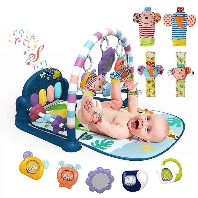 dearlomum Baby Play Mat Gym,Funny Play Piano Tummy Time Activity Mat with 5 Infant Sensory Toys & 4 Wrist Rattle Socks, Boy & Girl Gifts for Newborn 0 to 3 6 9 12 Months(Blue)