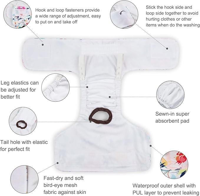 CuteBone Dog Diapers Female Washable Small Medium Large 3 Pack Reusable Doggie Diapers Puppy Period Pants for Doggy Heat Cycle Peeing D31L