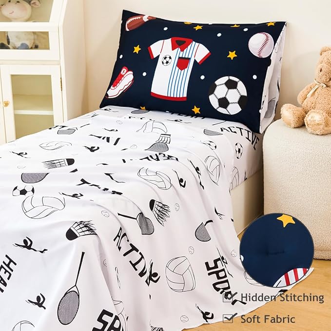 PERFEMET 4 Pieces Sports Toddler Bedding Sets for Boys Reversible Baseball Football Toddler Bed Set with Sheets Soft Fluffy Navy Blue Sport Kids Bed in a Bag for Bedroom(Sport, Toddler)