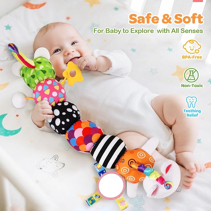 Baby Toys 0-6 6-12 Months, Sensory Musical Animal Stuffed Toy for Infant 0-3 3-6 Months, Tummy Time Toys with Mirror Crinkle Rattle, Plush Unicorn Cat Toy Gifts for 0 1 2 3 4 5 6+ Months Boys Girls