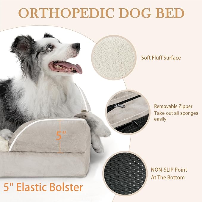 Comfort Expression Orthopedic Dog Bed for Extra Large Dogs 48x30 Inch, Waterproof Egg Crate Foam XXL Pet Bed with Removable Bolsters, Dog Couch with Washable Cover & Non-Slip Bottom, Beige