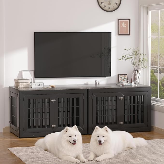 42" Heavy Duty Dog Crate Furniture for Small,Medium and Large Dogs,Rustic Wooden Dog Cage Kennel Indoor Furniture with Waterproof Top,Decorative Pet House Side End Table (Black & Grey)
