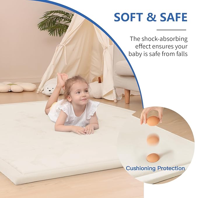 Baby Play Mat for Floor,1.3" Thick Memory Foam Tummy Time Mat,Water Repellent Soft Velvet Nursery Rug,Extra Large Non Slip for Crawling,Toddlers,Infants,Kids,Tatami Style for Living Room(Cream)