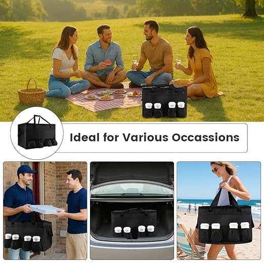 Insulated Food Delivery Bag with 4 Cup Holders, XX-Large Insulated Grocery Bags Keep Food Hot/Cold, Cooler Bags with Drink Carrier, Food Carrier Catering Bag, Commercial Food Warmers, Black