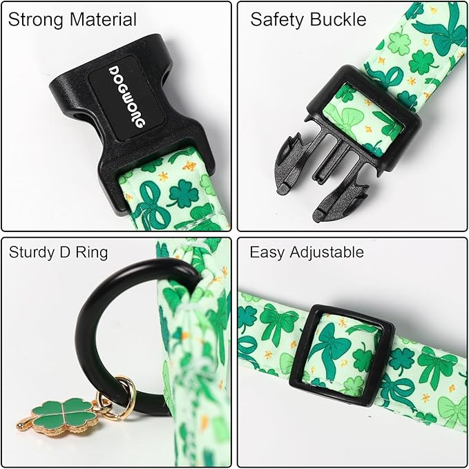 DOGWONG St Patrick's Day Dog Collar-Cute Green Clovers Dog Collar, Adjustable Cotton Shamrock Pet Collar Trefoil Puppy Collars with Quick Release Buckle,S