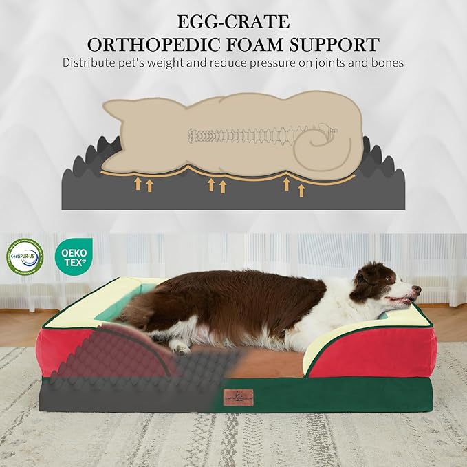 Comfort Expression Orthopedic Dog Bed for Extra Large Dogs 42x30 Inch, Waterproof Egg Crate Foam XL Pet Bed with Removable Bolsters, Dog Couch with Washable Cover & Non-Slip Bottom, Watermelon Mist