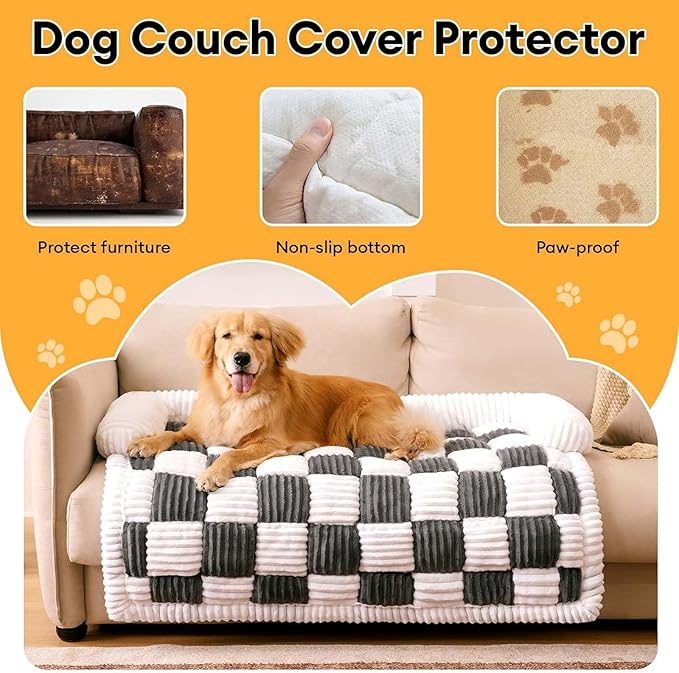 Pet Couch Covers for Sofa, Dog Couch Cover Protector, Fuzzy Sofa Cover Cream Square Plaid Dog Bed Plush Dog Mat for Furniture Protector for Large Medium Dogs and Cats