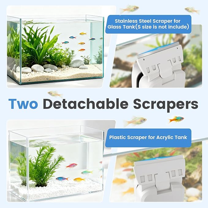 AQQA Aquarium Magetic Glass Cleaner Brush with 2 Detachable Scrapers Floating Fish Tank Cleaning Tools Algae Scraper for 0.25-0.45 inch Thick Glass/Acrylic Tanks (Medium)