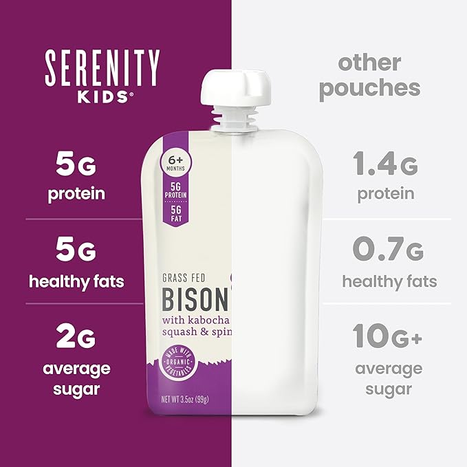 Serenity Kids 6+ Months Baby Food Pouches - Ethically Sourced Grass-Fed Bison & Organic Kabocha Squash & Spinach Puree - BPA-Free Baby Puree Pouches - 3.5 Oz, 6 Pack