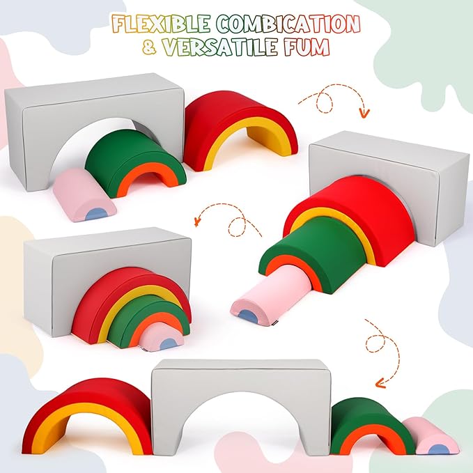Asweets 4 in 1 Rainbow Foam Climbing Blocks for Toddlers, Indoor Soft Climb and Crawl Play Climbing Toys for Creativity & Imagination, Recognize Color