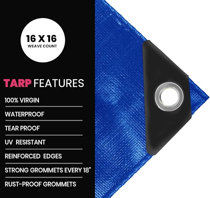 PROTARP Extreme Heavy Duty 22 Mil Tarp Cover, Waterproof, UV Resistant, Rip and Tear Proof, Poly Tarpaulin with Reinforced Edges for Roof, Camping, Patio, Pool, Boat. (Blue 50′ X 70′)