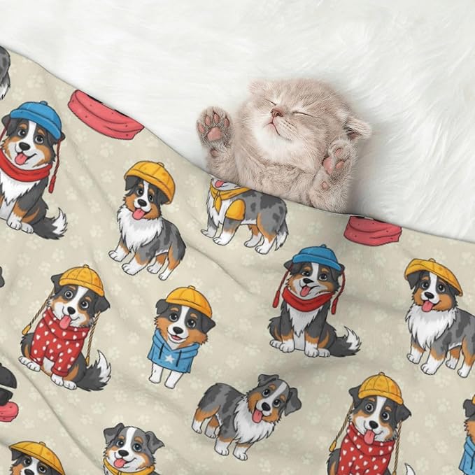 Double Sided Pet Mat for Dog Bed Topper Cat Blanket Furniture Protector, Cute Australian Shepherd Dog and Puppy, Reversible Plush with Tactile Dot Pattern for Style Change
