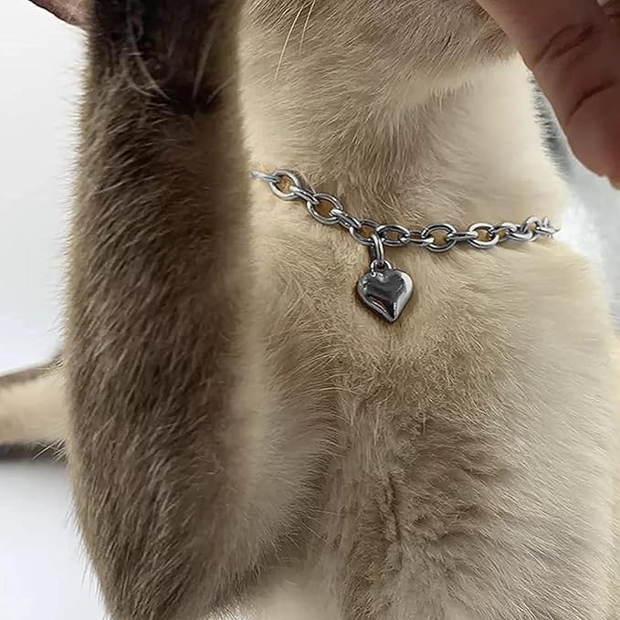 HOWWFALY Dog Collar and Cat Chain Necklace Stainless Steel Adjustable 18K Sliver Heart-Shaped Necklace for Small Pets Cats Kitten Puppy (Sliver, 10 inch)