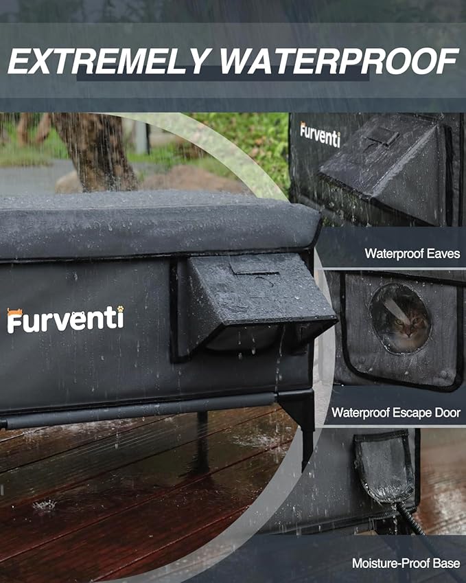 Outdoor Heated Cat House in Winter,Extremely Insulated & Weatherproof,Elevated Feral Cat Shelter with Waterproof Eaves & Escape Door for Outside Stray Barn Cat (Dark Grey,S.)
