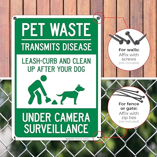 Pet Waste Leash-Curb and Clean Up After Your Dog Under Camera Surveillance Sign, 10x14 Inches, Rust Free .040 Aluminum, Fade Resistant, Made in USA