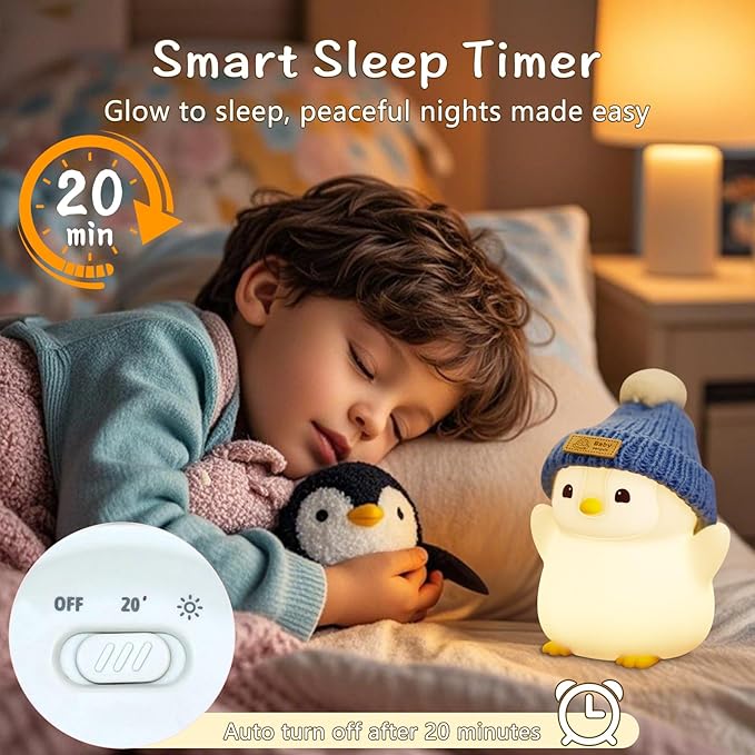 Penguin Night Light for Kids, Adorable Penguin Lamp with Hat, Food Grade Silicone Nursery Nightlight, Rechargeable/Dimmable/Timer,LED Squishy Novelty Animal Bedside Lamp,Funny Gifts for Boys