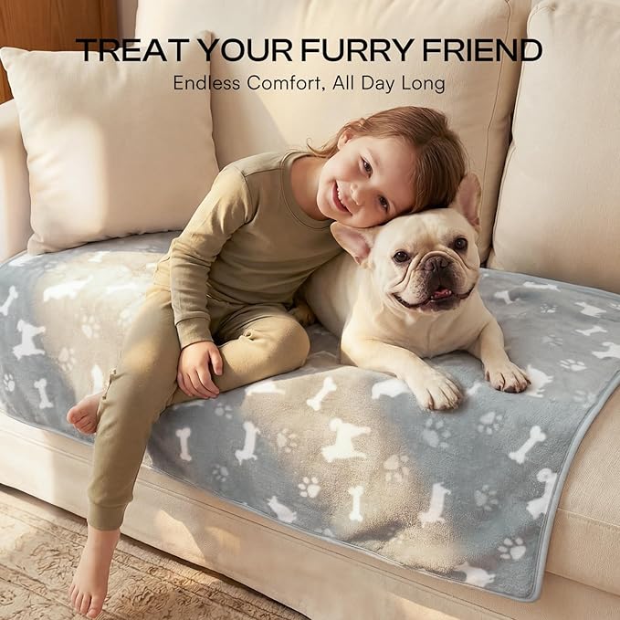 Luciphia 1 Pack 3 Blankets, Cute Dog Printed Fluffy Fleece Pet Blanket for Dogs Cats Washable, Warm Soft Throw Cover for Crate Couch, Gifts Puppy Essentials, Blue/Grey/Khaki, Large (41x31 inch)