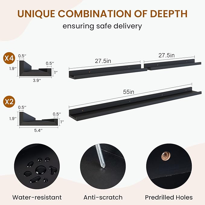 Axeman Picture Ledge Shelf, Floating Shelves for Wall Decor Storage Set of 6, 55 inch Floating Wall Mounted Shelves, Wall Shelves with Lip for Living Room, Bedroom, Nursery, Bathroom, Kitchen, Black