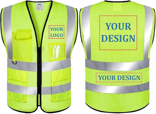 Mesh Safety Vest Custom Logo Class 2 High Visibility Reflective Vest with Pockets Construction Security Work Vest（Yellow，L）