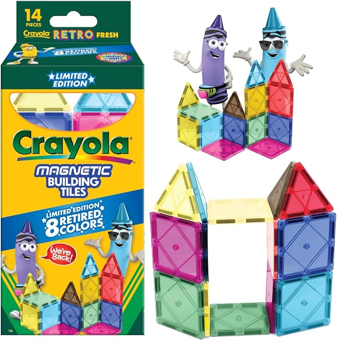 CreateOn Crayola Retro Magnetic Tiles, Building Set for Kids, Magnetic Building Toys for Kids, STEM Travel Toys for Boys and Girls Ages 3+, 14-Piece Set (Retro)