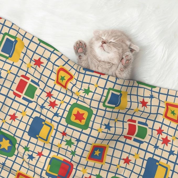 Reversible Pet Blanket for Easy Cleaning Maintenance, Abstract Mid Century Modern Grid, Double Sided Plush Dot Design Means Double Use Between Washes for Convenience