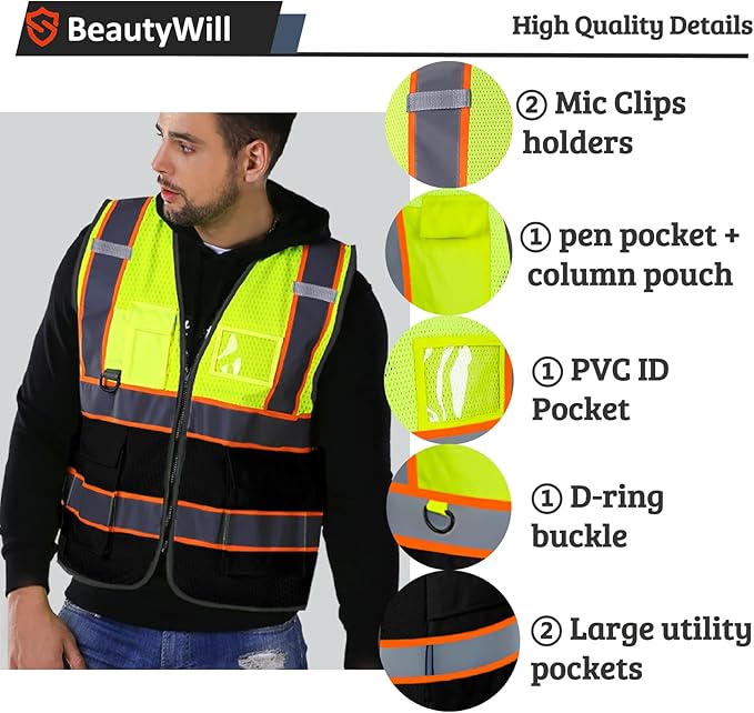 10 Pack Custom Safety Vest Customized Logo Mesh Vest Class 2 High Visibility Reflective Vest with Pockets Workwear（Yellow Black，L ）