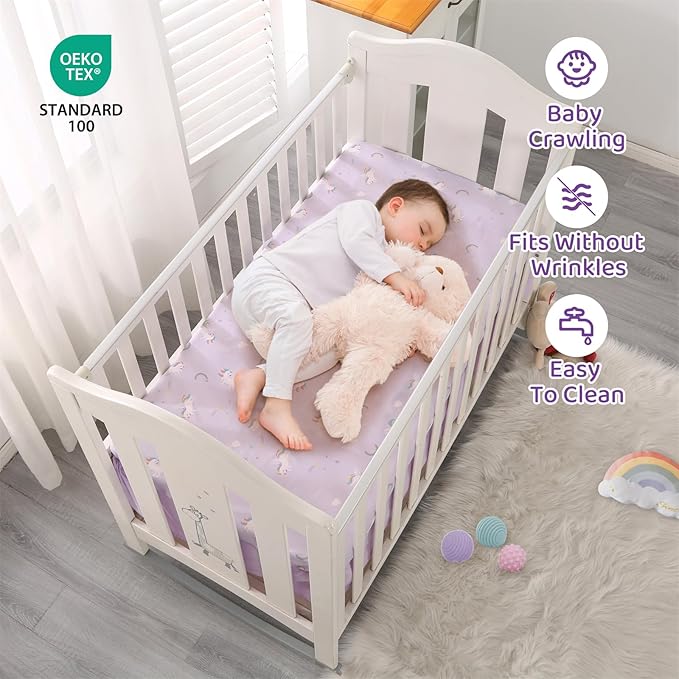 Wowelife Unicorn Crib Bedding Set 3 Pieces Baby Girl Crib Bed Set Crib Comforter Set for Girls Nursery Bedding Set Purple Include Baby Comforter, Skirt and Sheet, Purple