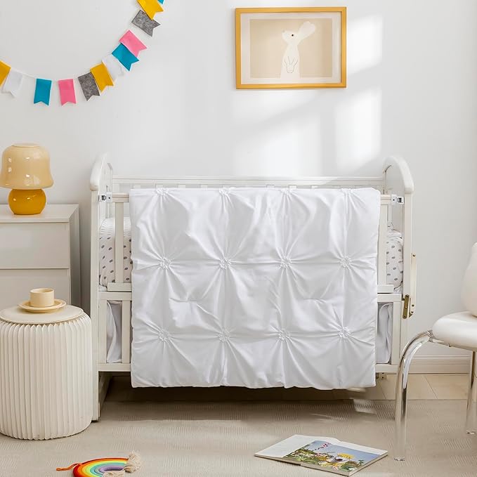 PINNKKU 3-Piece Crib Bedding Set for Boy Girls, Includes Crib Skirt, Blanket and Sheet, Baby Bedding, Pintuck Pinch Pleat White