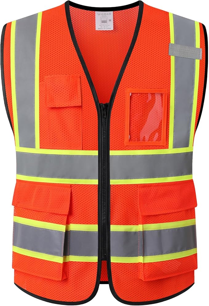 Safety Vest for Men Women Reflective with 5 Pockets and Zipper Front Mesh High Visibility Vest Hi Vis Construction Work Vest,Meets ANSI/ISEA Standards(EK175-Orange-S)