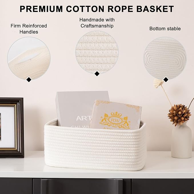 4 Pack Small Storage Shelf Baskets for Organizing, Mini Woven Rope Storage Bins for Towels, Cute Decorative Closet Organizer，Baby Nursery, Gift Empty Baskets -13''Lx8.66''Wx5.11''H-White