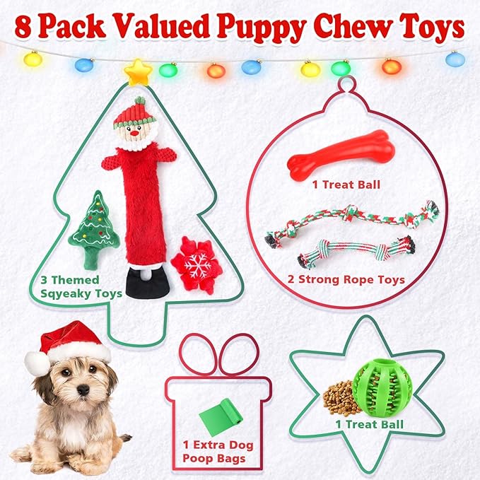 Christmas Dog Toys 8 Pack - Santa Squeaky Plush Chew for Puppy, Durable Interactive Rope for Teething, Treating Ball and Bone Rubber for Small Dogs