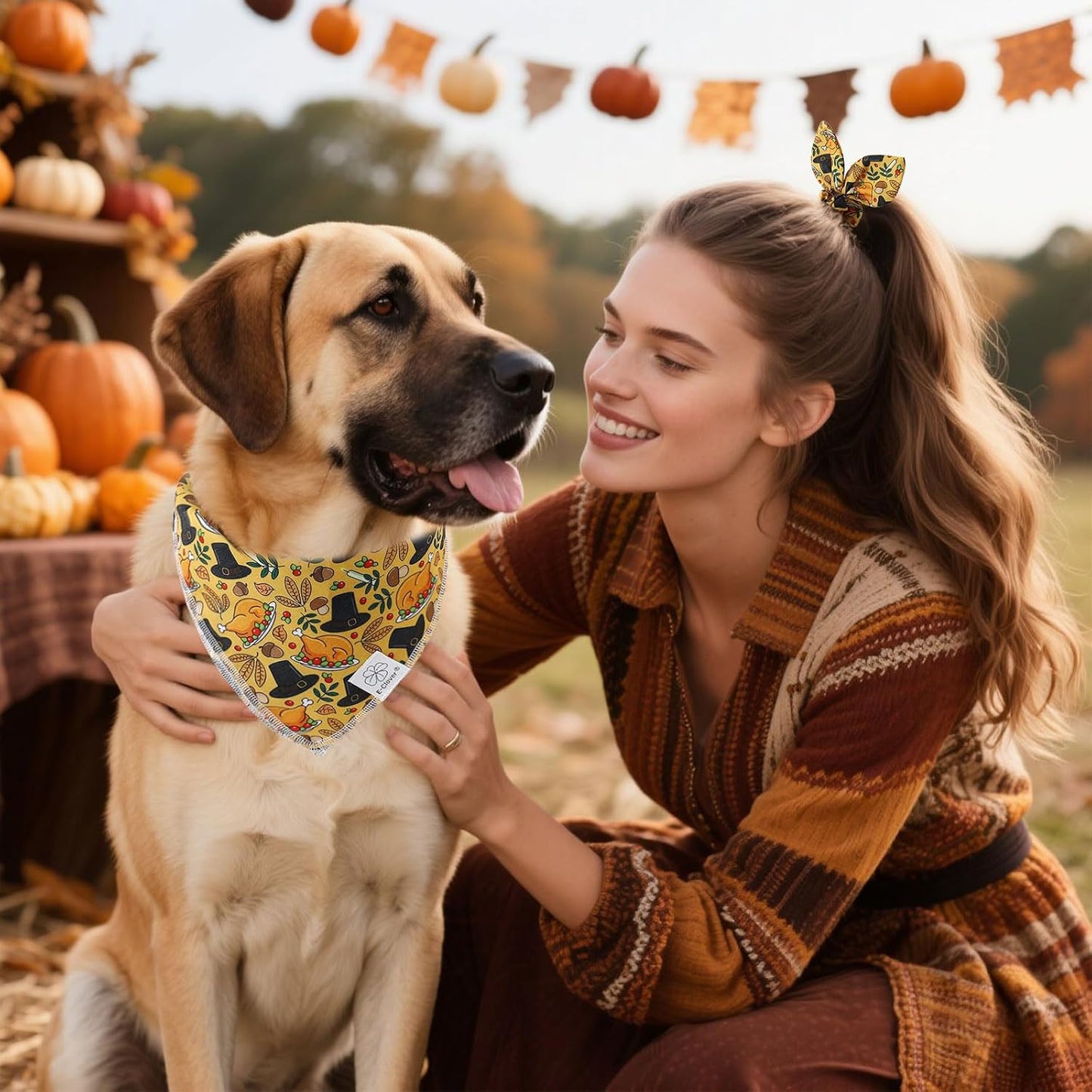 E-Clover Thanksgiving Dog Bandanas & Matching Scrunchie Set Girl Fall Turkey Dog Scarf Bibs Pet Bandana with Bow Tie for Medium Large Dogs Owner Mom Brown