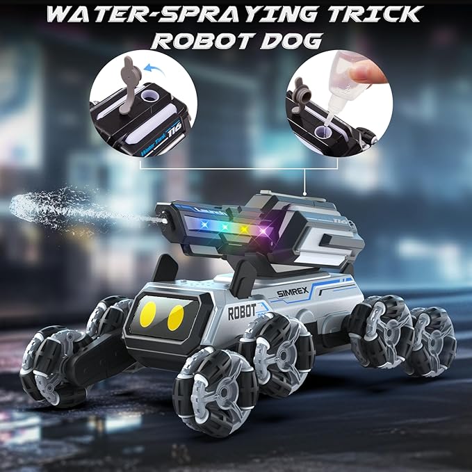 Robot Dog RC Stunt Car Toys - Gesture Sensing Remote Control car with Mecanum Wheels, LED Eyes, 3 Sound Effects,Water-Shooting Turret & RGB Lights,Birthday Gift for Kids Boys Girls