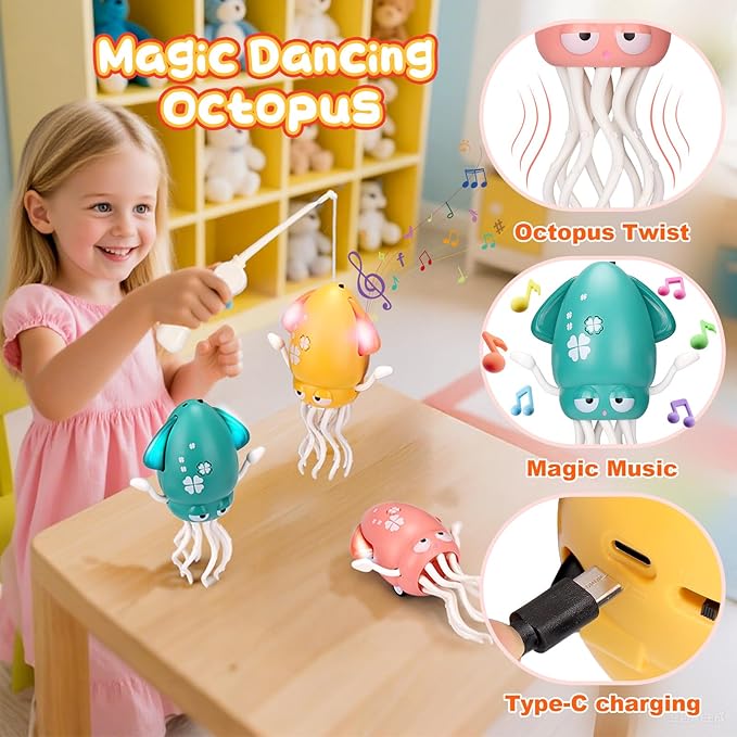 Magic Electric Dancing Octopus Toy with Led Light and Music,Playful Automatic Evasion Crawling Dancing Octopus with Fishing Rod,Smart Tentacle Explorer Dancing Squid Toy Tummy Time Baby Toys,Yellow