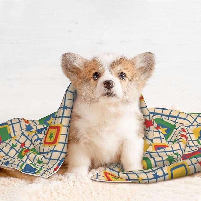 Reversible Pet Blanket for Easy Cleaning Maintenance, Abstract Mid Century Modern Grid, Double Sided Plush Dot Design Means Double Use Between Washes for Convenience