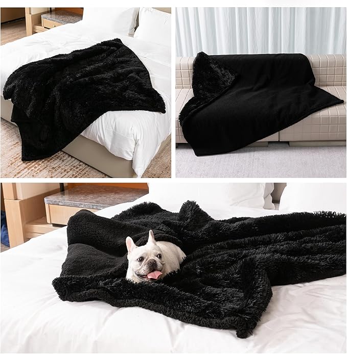 Calming Fleece Cat Blankets Black Waterproof Pets Blanket for Dogs Reversible Long Faux Fur Puppy Throw Blankets(Black,L)