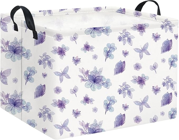 HIYAGON Rectangular Storage Basket Collapse Canvas Fabric Cartoon Bin Organizer Box with Handles for Organizing Home Kitchen Room Decor(Watercolor Flower)