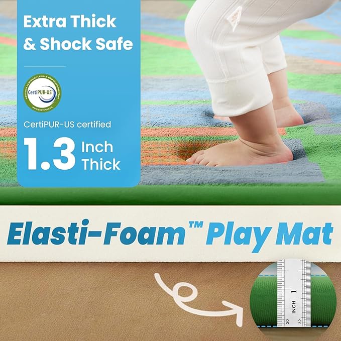 1.3" Thick Educational Baby Floor Play Mat 59x79, Basic Padded Memory Foam Kids Mat, Non-Slip Plush Playmat for Nursery Playroom Classroom (Race Track)